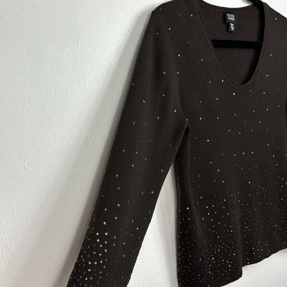 EILEEN FISHER Chocolate Brown Merino Wool Sequin-Accent Sweater Size M - Picture 2 of 8